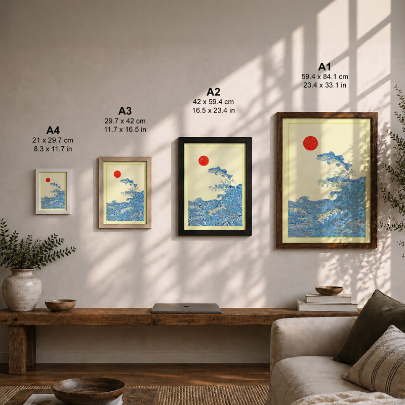 Leaping Fish at Sunrise Japandi 1 Piece Single Picture Frame Wall Art, A4 - 29.7 x 21.0 cm, White