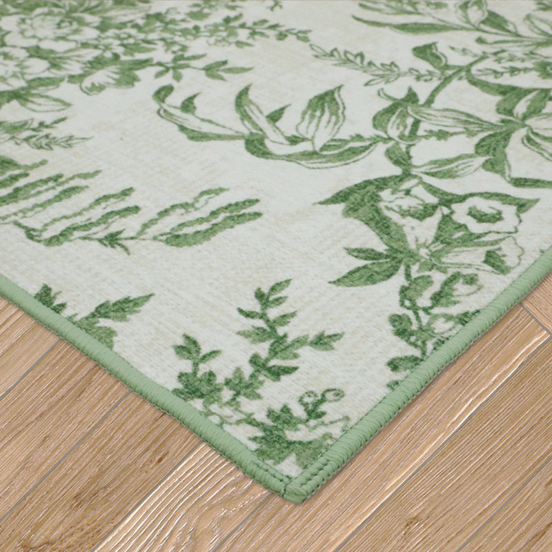 Sage Green and Ivory Floral Chenille Washable Runner Rug Set