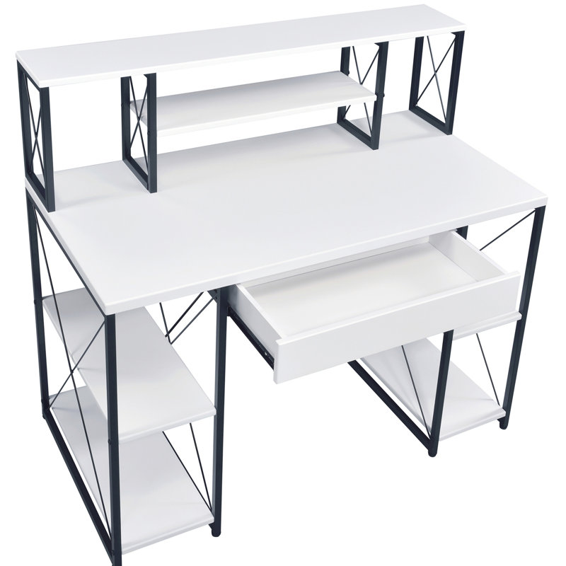 Bureau avec tablettes ouvertes et huche, Blanc