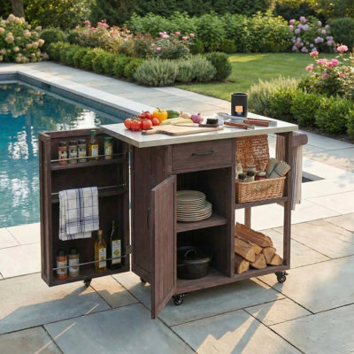 Îlot de cuisine extérieur avec plateau en acier inoxydable et roues verrouillables
