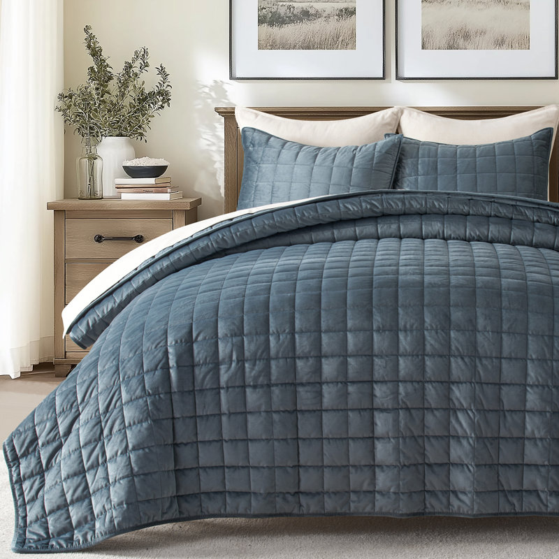Box Stitch PearlVelvet Quilt set, Queen Quilt + 2 Standard Shams, Stormy Blue