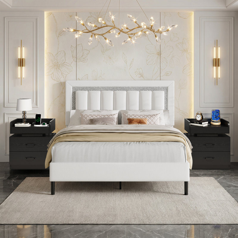 Ensemble de lit plateforme tapissier Diamond, Complète, Blanc