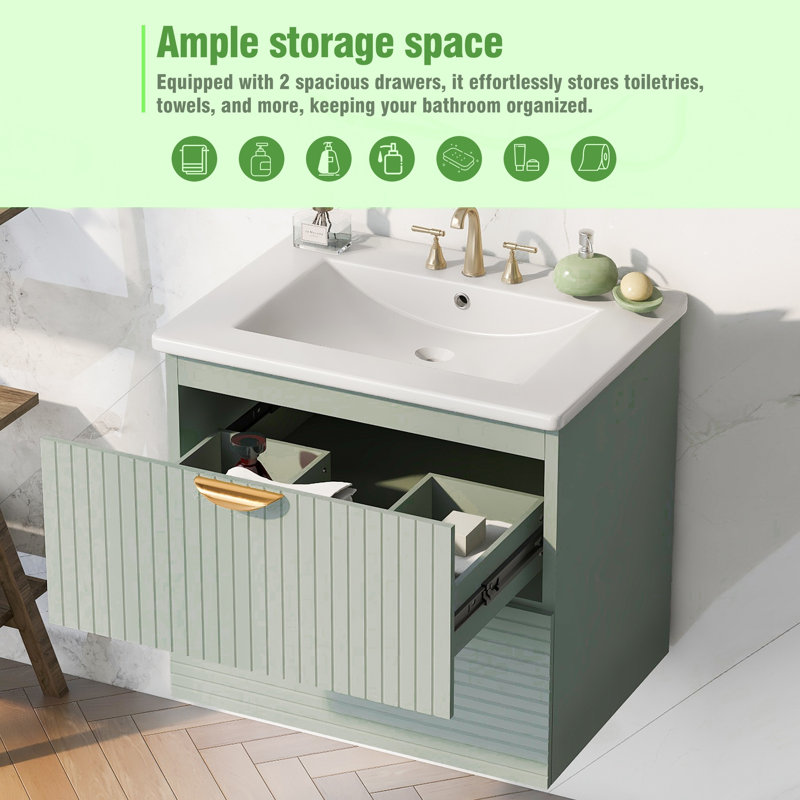 [Meuble-lavabo double mural vert moderne 48 po] Lavabos séparés | 4 tiroirs | Combo de rangement compact pour petite salle de bain