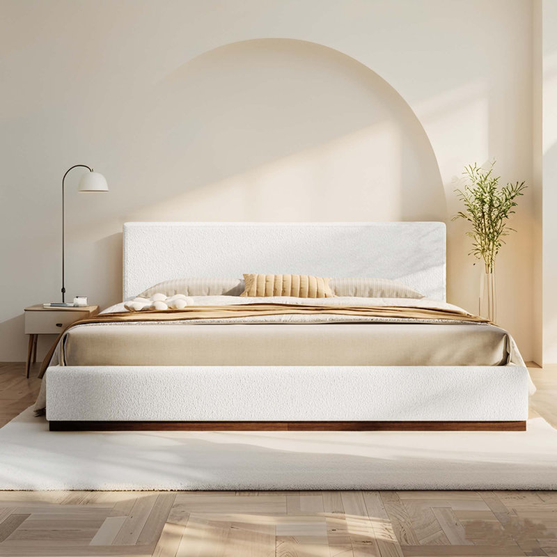 Lit rembourré Boucle avec base en bois texturé grain, Grand lit