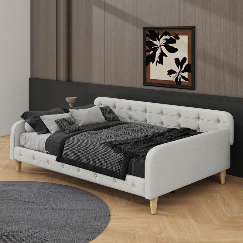 Lit de jour rembourré avec pieds, Beige, Lit double
