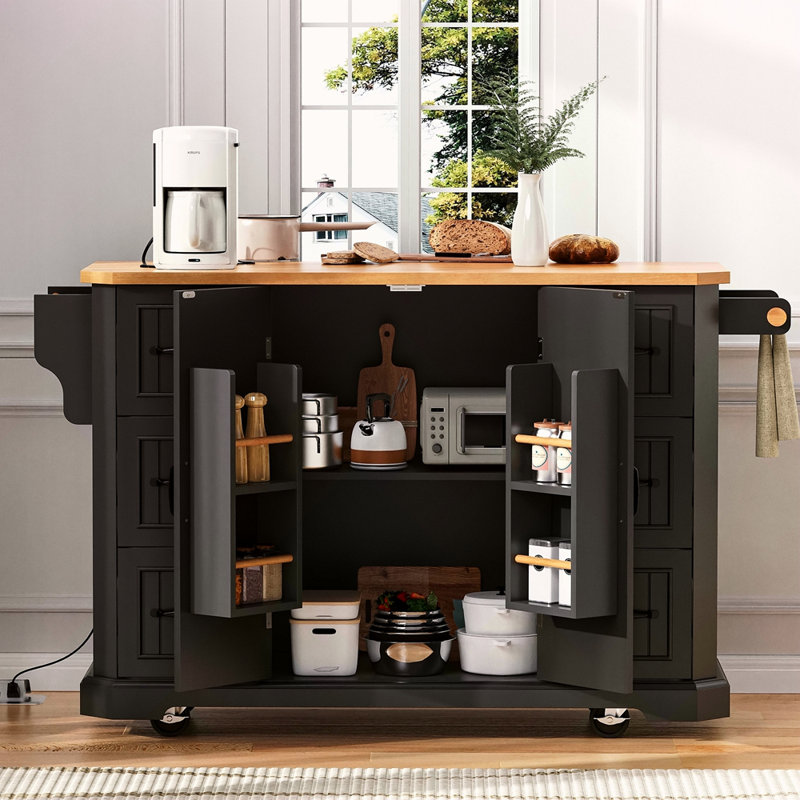 56 Inch Kitchen Island With Rubber Wood Veneer Drop Leaf, Power Outlet, 4 Door Shelves, Embossed Vertical Stripe Rolling Kitchen Cart On 4 Wheels With 6 Deep Drawers For Kitchen, Dining Room