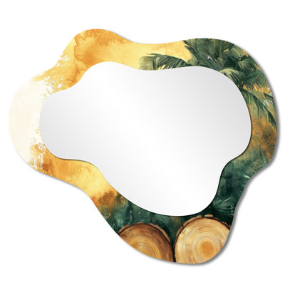 Emerald Palm Trees on Golden Tropical Forest I - miroir mural asymétrique floral, miroir de coiffeuse traditionnel, imprimé sur métal