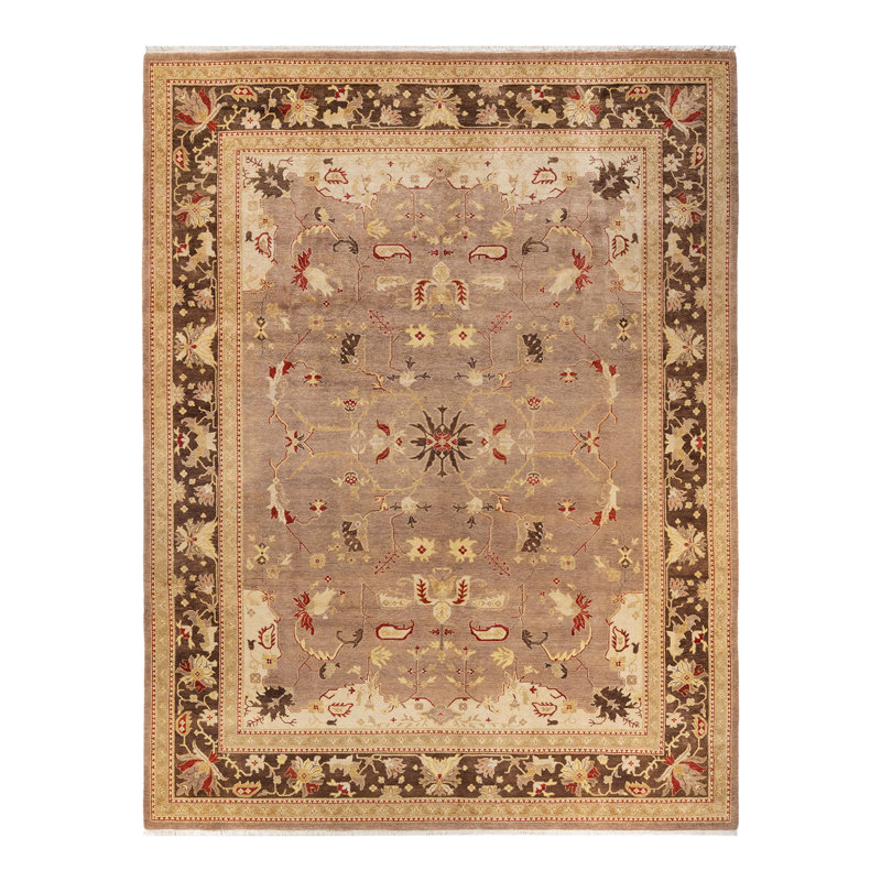 Tapis brun en laine noué à la main de conception unique 8 pi 10 po x 12 pi 1 po Ketchel