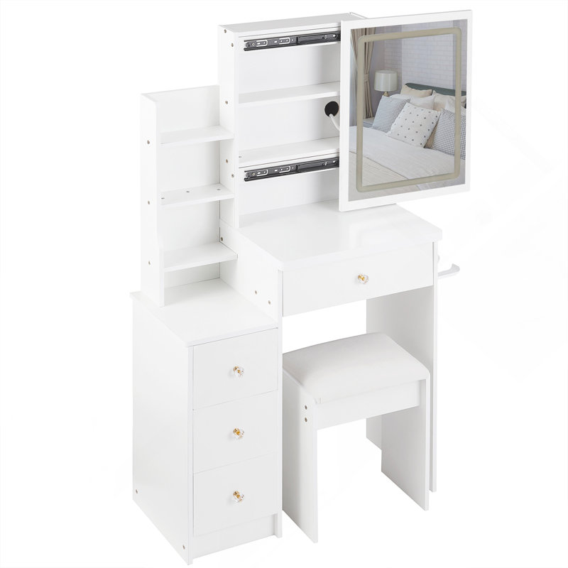 Petite coiffeuse de 29,2 po avec tabouret rembourré, 2 prises CA et 2 ports USB, support pour séchoir à cheveux, réglage de la luminosité