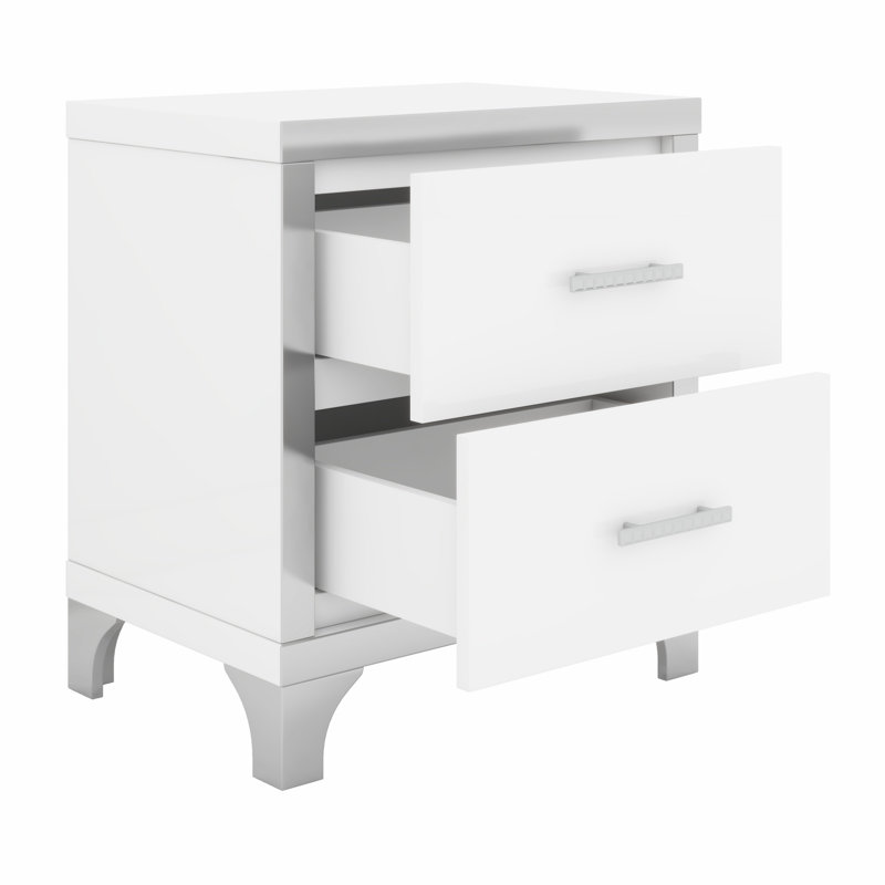 Table de chevet 2 tiroirs ultrabrillante avec poignée en métal, Blanc