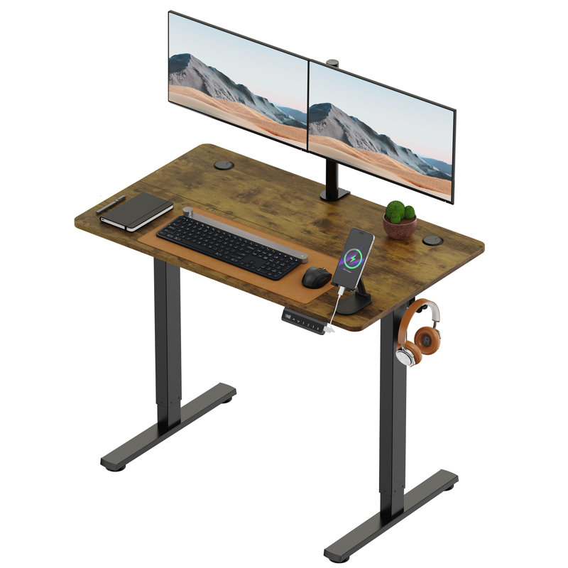 Adjustable Height Steel Standing Desk, 100 W x 60 D, Walnut/Black