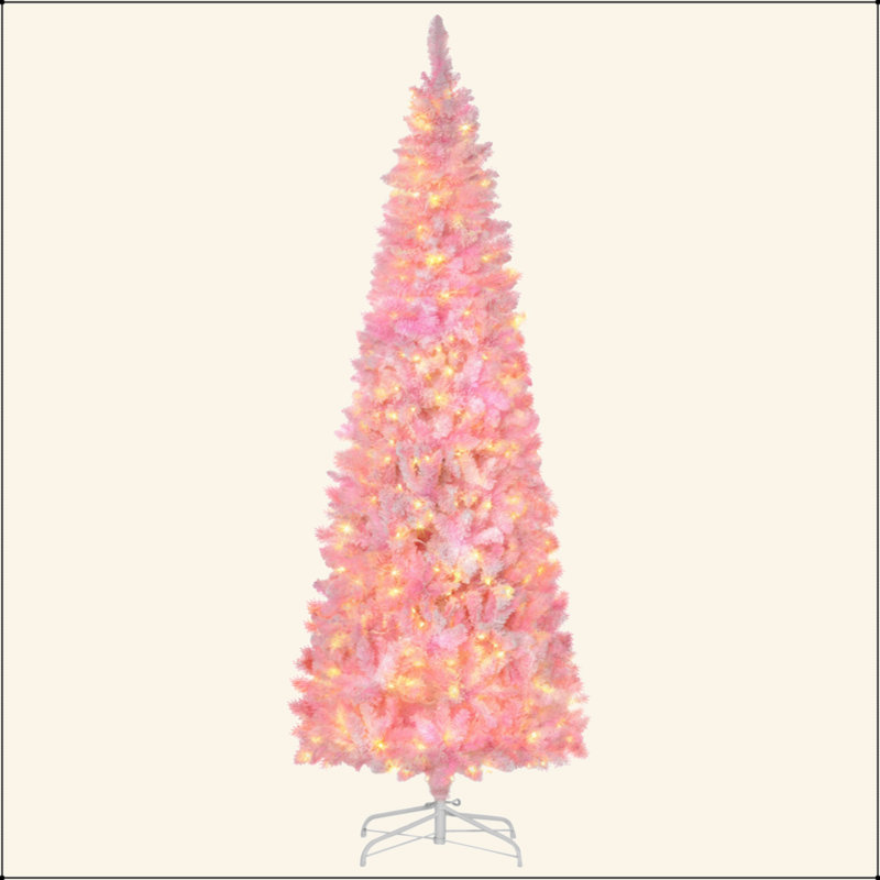 Arbre de Noël artificiel enneigé 7,5 pi avec forme de crayon, branches de pin réalistes, lumières DEL blanc chaud, ouverture automatique, rose et blanc