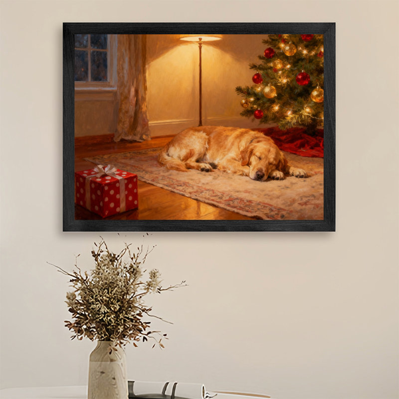 Noir rétro encadré noir - Chiens gardant des cadeaux, art mural, impressions de style rétro, H 17 po x l 25 po