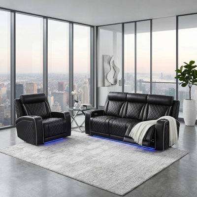 Bellagio Black Breathable Leather 2-Pieces  Reclining  Sectioanal Living Room Sofa And Chair With Cup-Holders ,Wireless Charging And LED Lights