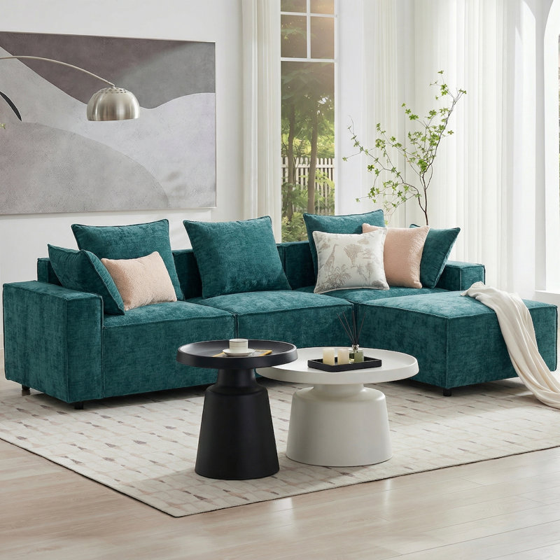 Canapé modulaire rembourré avec repose-pieds Makassar, Chenille beige