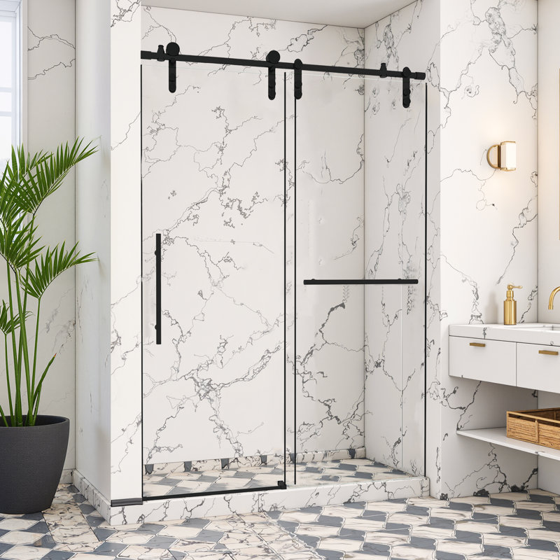 46-48in W x 76in H Single Sliding Shower Door 5/16"(8mm) Tempered Glass for Bathroom, Matte Black