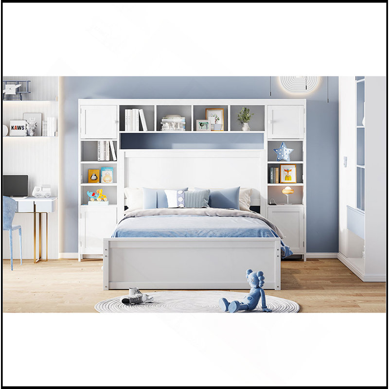 Lit double en bois avec armoire tout-en-un, tablette et prises, lit gigogne simple, Blanc
