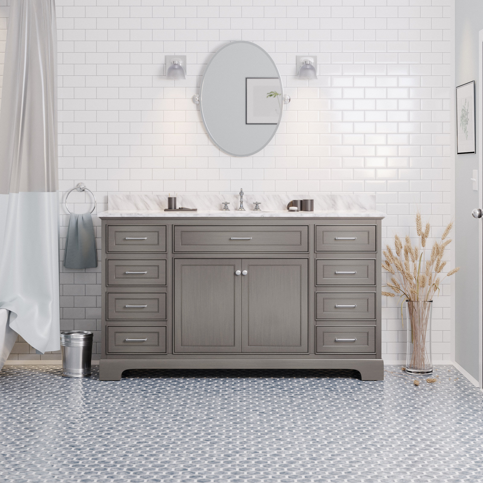 Meriline 60'' Single Bathroom Vanity, Weathered Gray, Carrara Marble