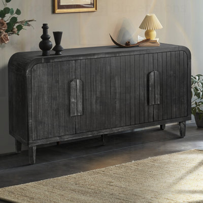 Farmhouse Curved Vintage Storage Sideboard with Large Wooden Handles, Vertical Wood Grain Carving and Adjustable Shelves for Kitchen, Dining Room