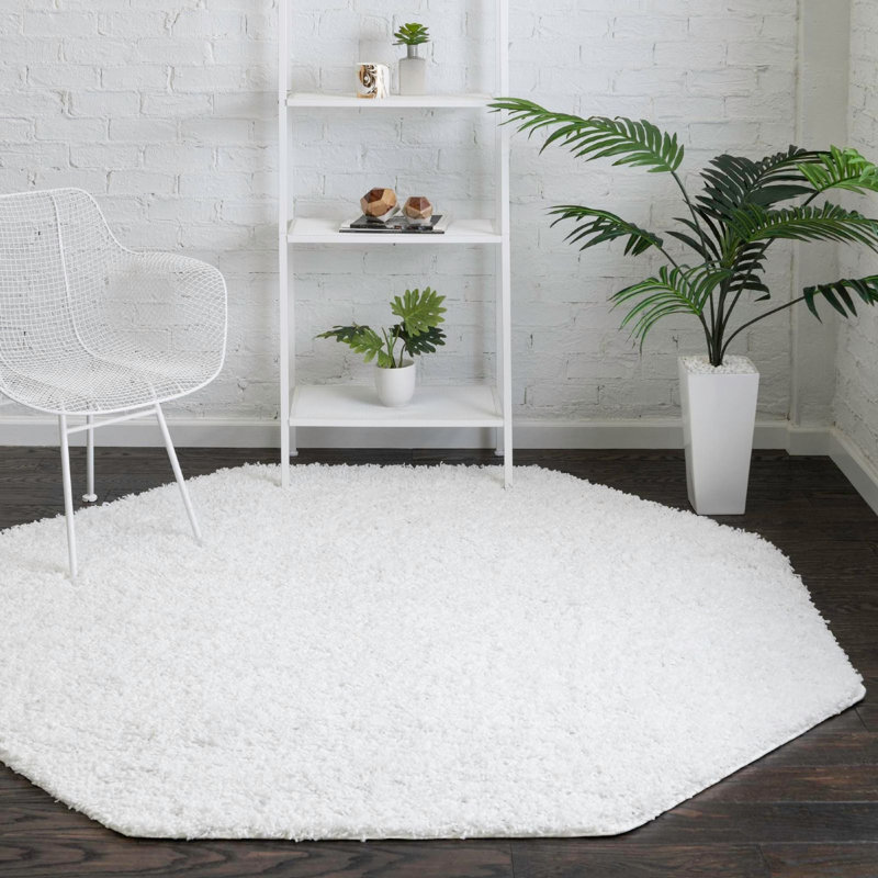 Tapis blanc à poils longs Jiang, Rond 4 pi