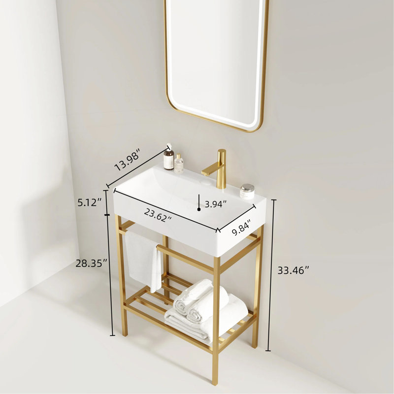 Ensemble de meuble-lavabo sur pied avec lavabo en céramique 24 po avec lavabo console LOFI, lavabo rectangulaire en céramique blanc brillant sans robinet, pattes en métal ouvertes, tablettes de rangement, couleur or