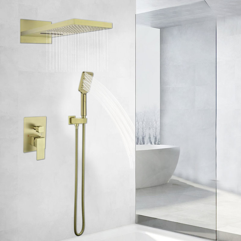 Pressure-Balanced (Temperature And Volume) Complete Shower System with Rough in-Valve, Brushed Gold