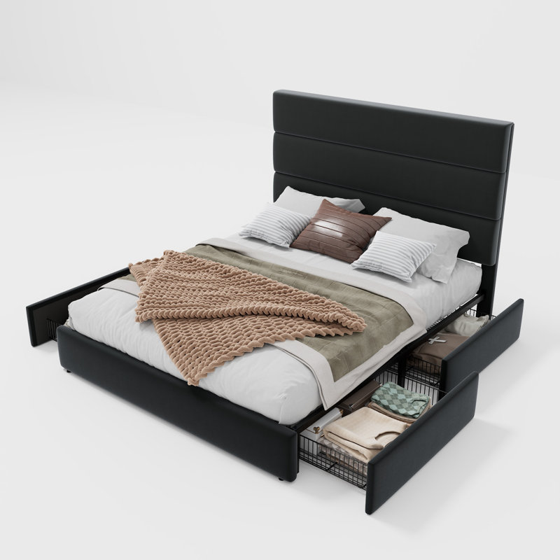 Lit plateforme avec rangement en lattes de bois et tête de lit tapissier en velours, Très grand, Noir