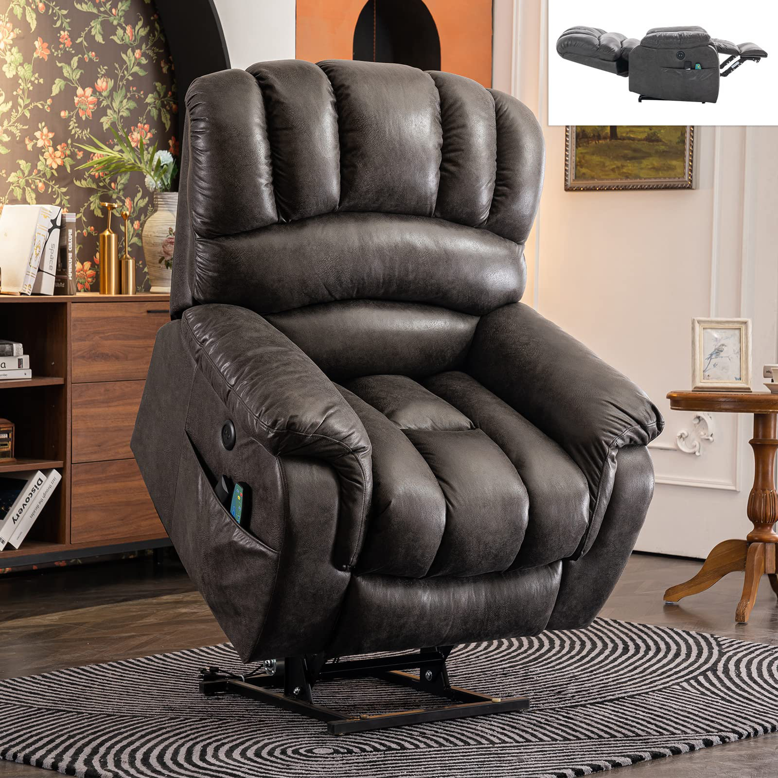 40.5 Wide Contemporary Microsuede Very Comfortable Power Reclining Heated Massage Chair Latitude Run Fabric: Dark Gray Microfiber/Microsuede