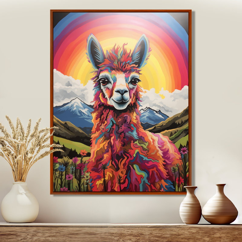 Alpaga au Chili paysage de montagne arc-en-ciel II - lama, décoration murale animal, Cadre flottant brun