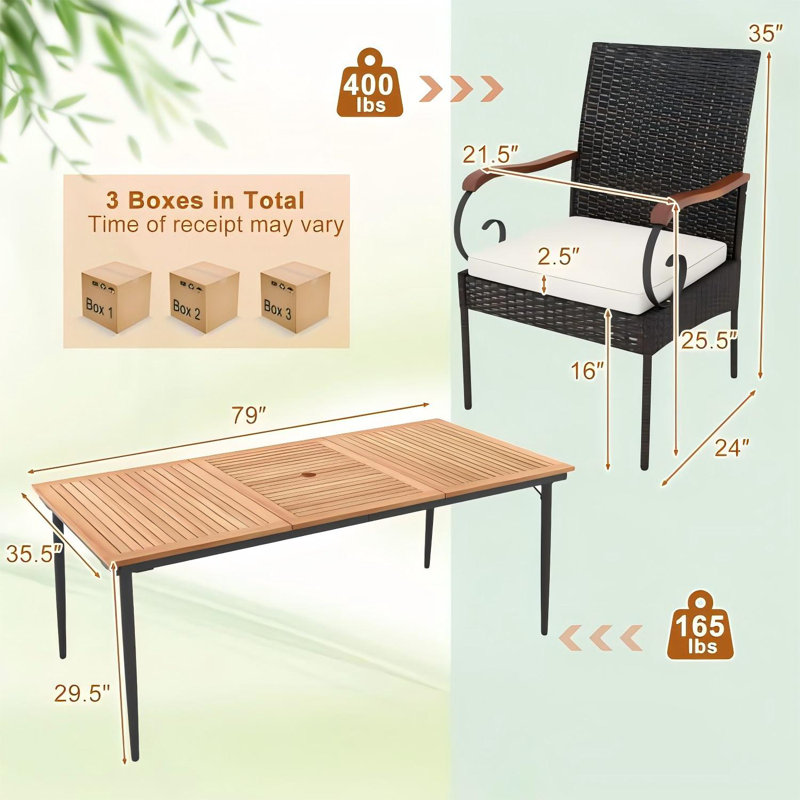 Ensemble de chaises de salle à manger 9 pièces pour terrasse, 79 po L Table de salle à manger avec trou pour parasol
