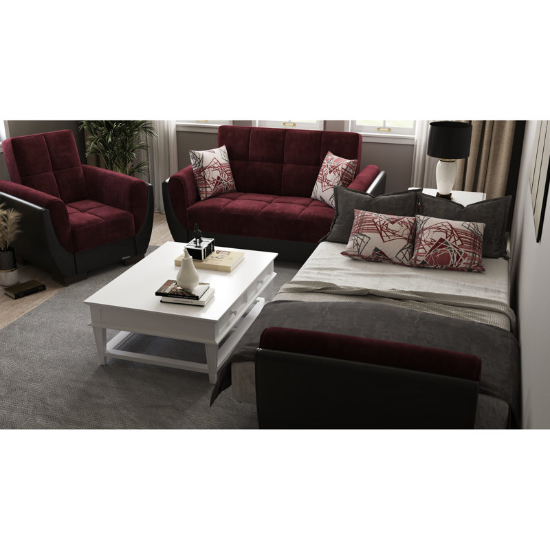 Rangement avec coussins fermes - Microfibre chenille convertible en cuir de polyuréthane bourgogne / noir