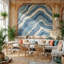 Papier peint géométrique, décoration murale rétro bleue-585511775-585511762