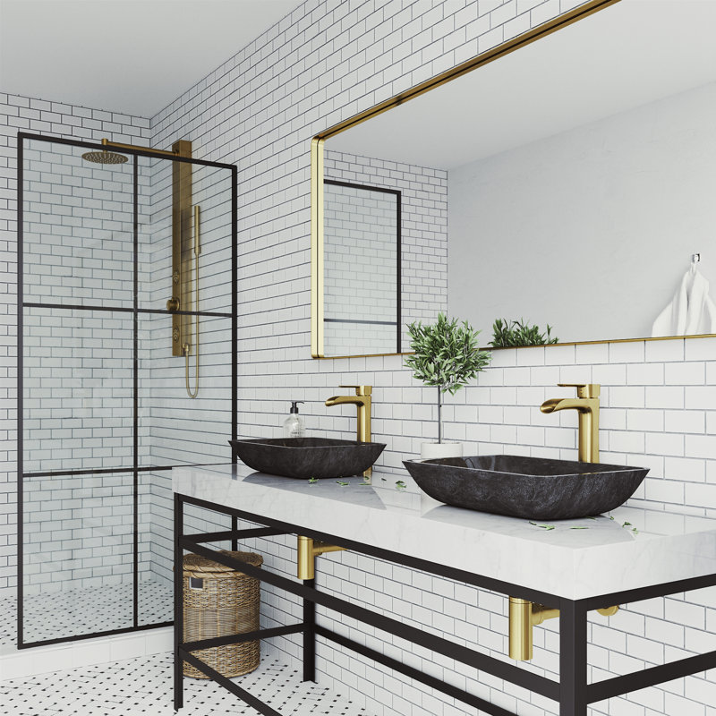 Lavabo de salle de bain vasque rectangulaire en verre avec robinet H 11 po Onyx, Or mat, Onyx gris