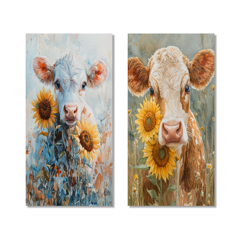 Vache peignant avec pivoines V - ferme jaune, ensemble de 2 reproductions murales en métal, 32" H x 32" W