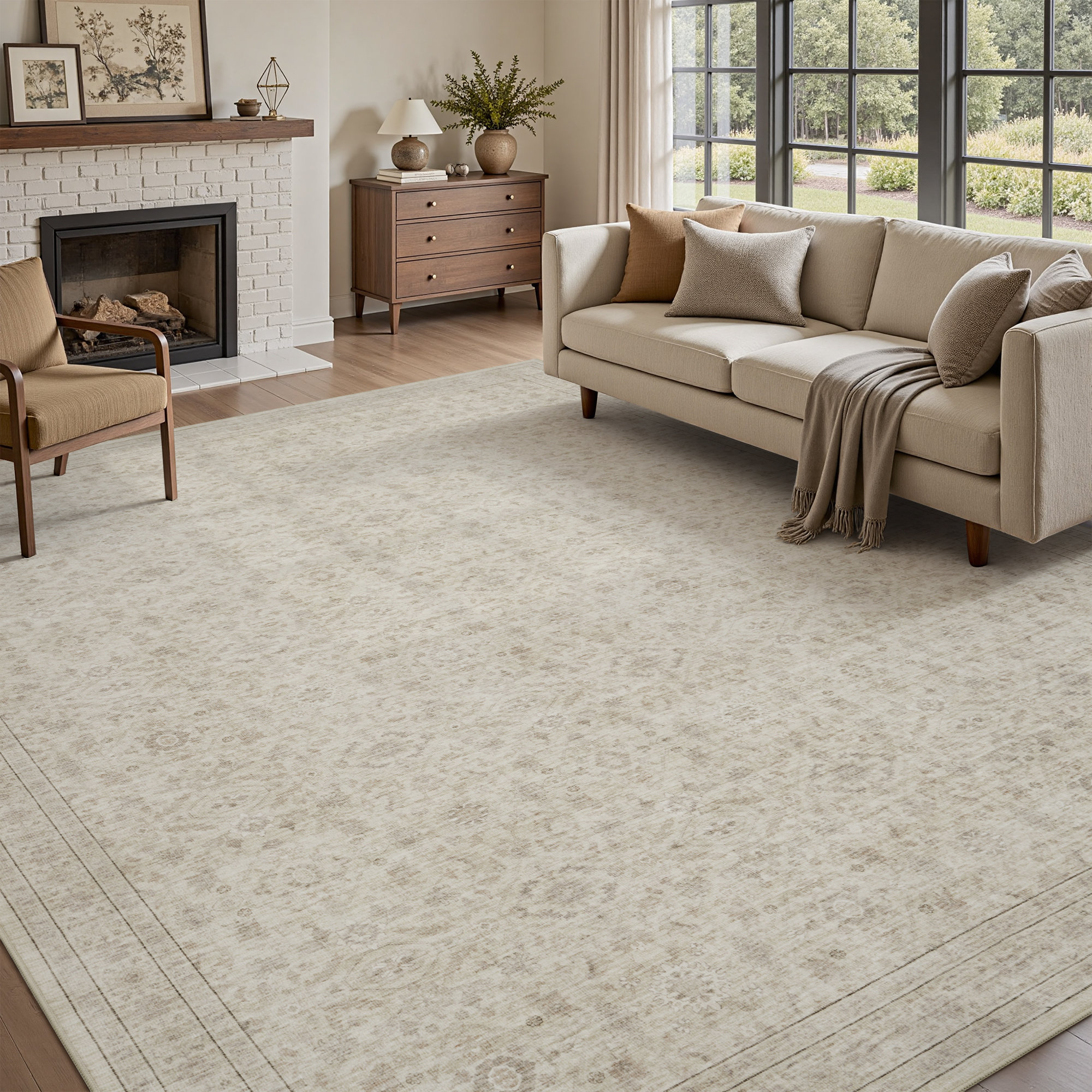 Beige Vintage-Inspired Washable Non-Slip Area Rug For Living Room, Bedroom