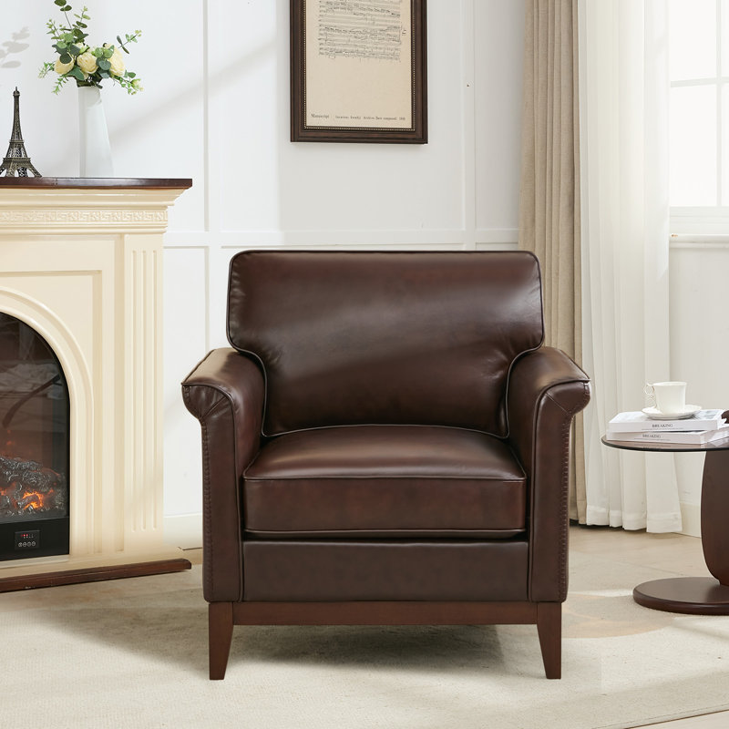 Hamse Genuine Leather Upholstered Accent Armchair, Red Brown Genuine Leather
