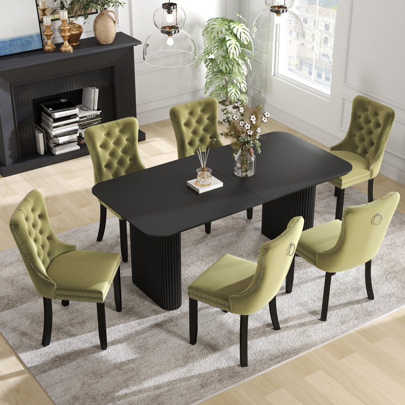 Ensemble de salle à manger rectangulaire à double piédestal avec table de salle à manger de style crème, 7, Vert olive