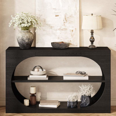 55" Farmhouse Console Table,3-Tier Large Capacity Long Entryway Table Sofa Table with Oval Hollowed Out