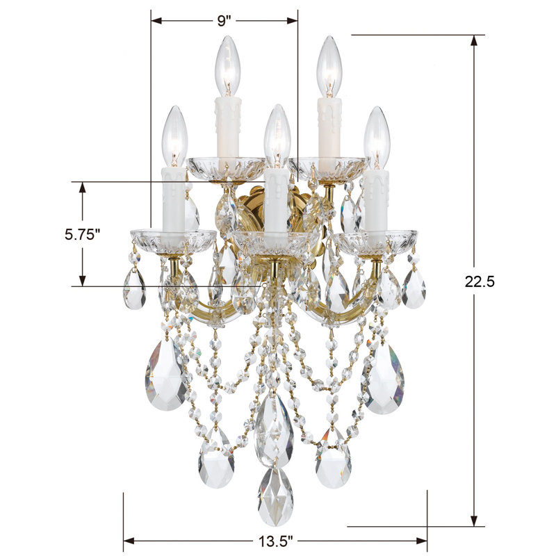 Bohemian 5 Light Crystal Candle Wall Sconce, Gold, Majestic Wood Polished
