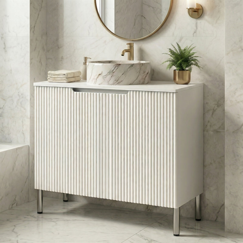 Meuble-lavabo autoportant de 30 po avec portes cannelées, comptoir en pierre frittée et vasque, armoire de rangement à fermeture en douceur