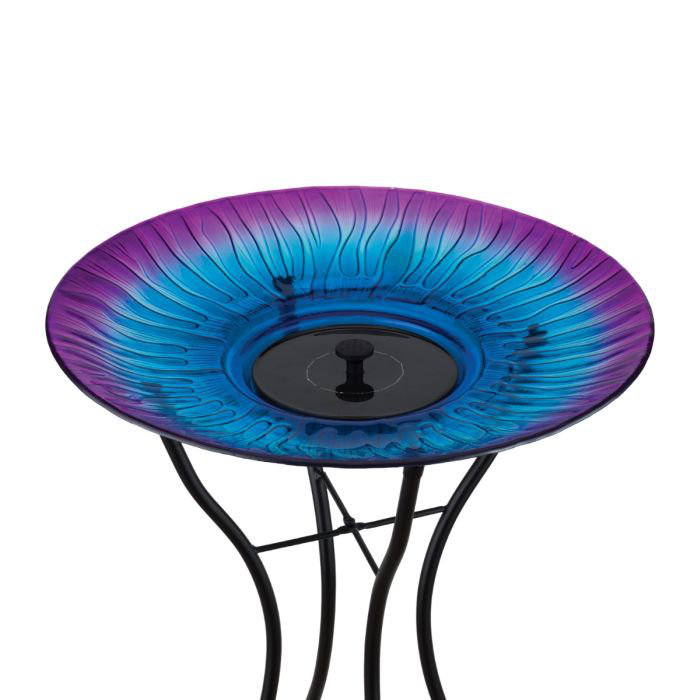 18" Purple and Blue Glass Solar Fountain Birdbath with Stand