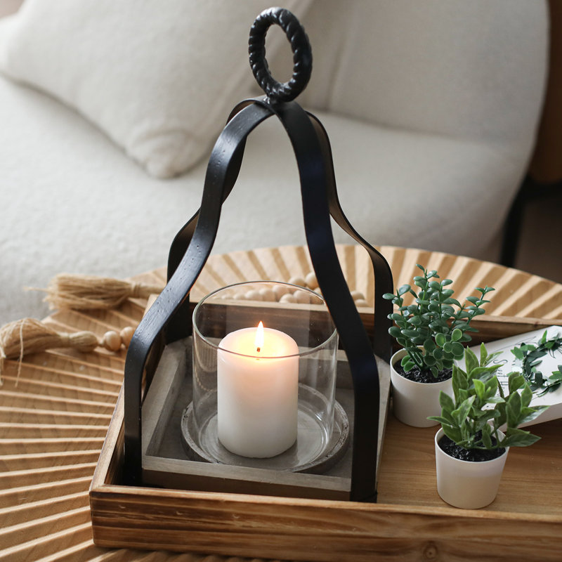 13" Rustic Wood And Metal Candle Lantern