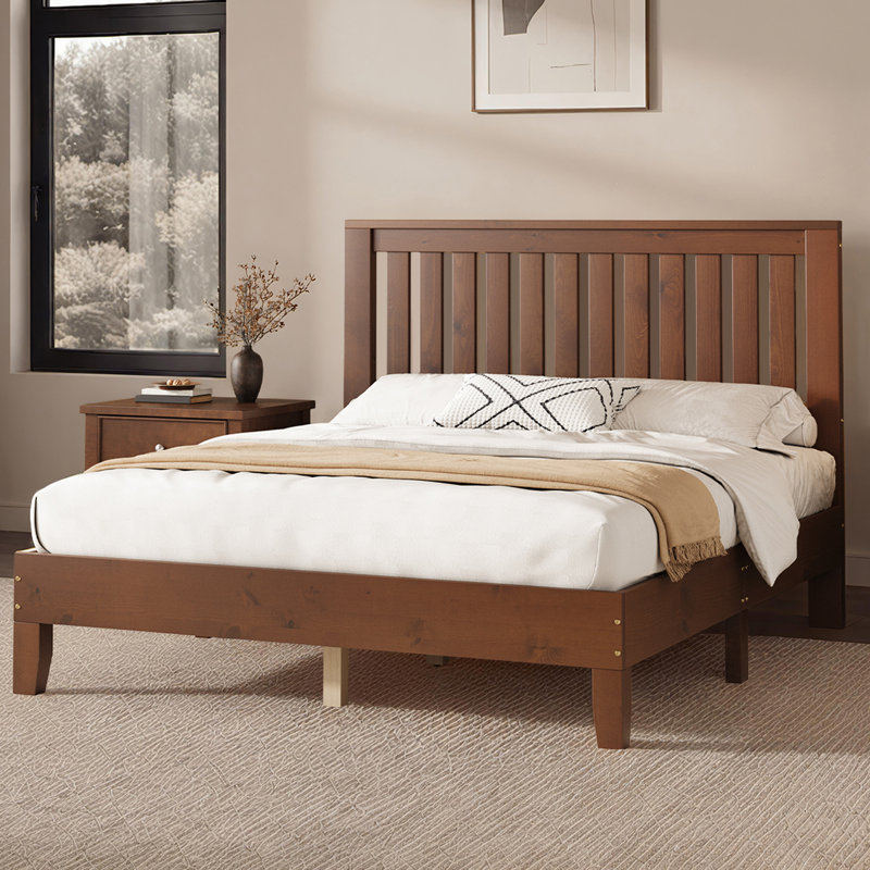  Murphie Mid-Century Solid Wood Platform Queen Bed Frame With Grille Headboard, Brown, Walnut, Queen