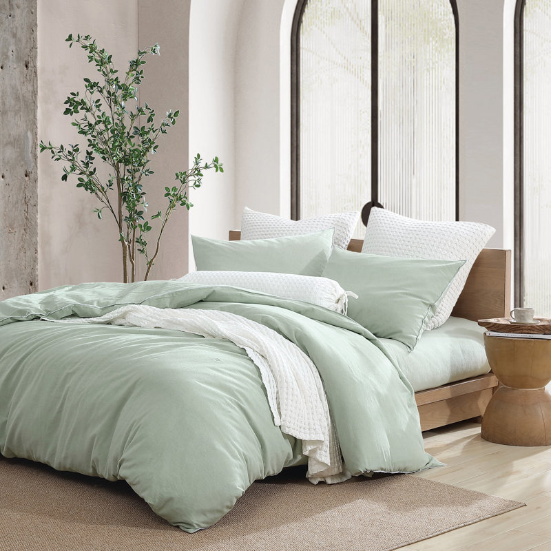 Cotton Blend 3 Piece Duvet Cover Set, King Size Duvet Cover + 2 Pillowcases, Sage