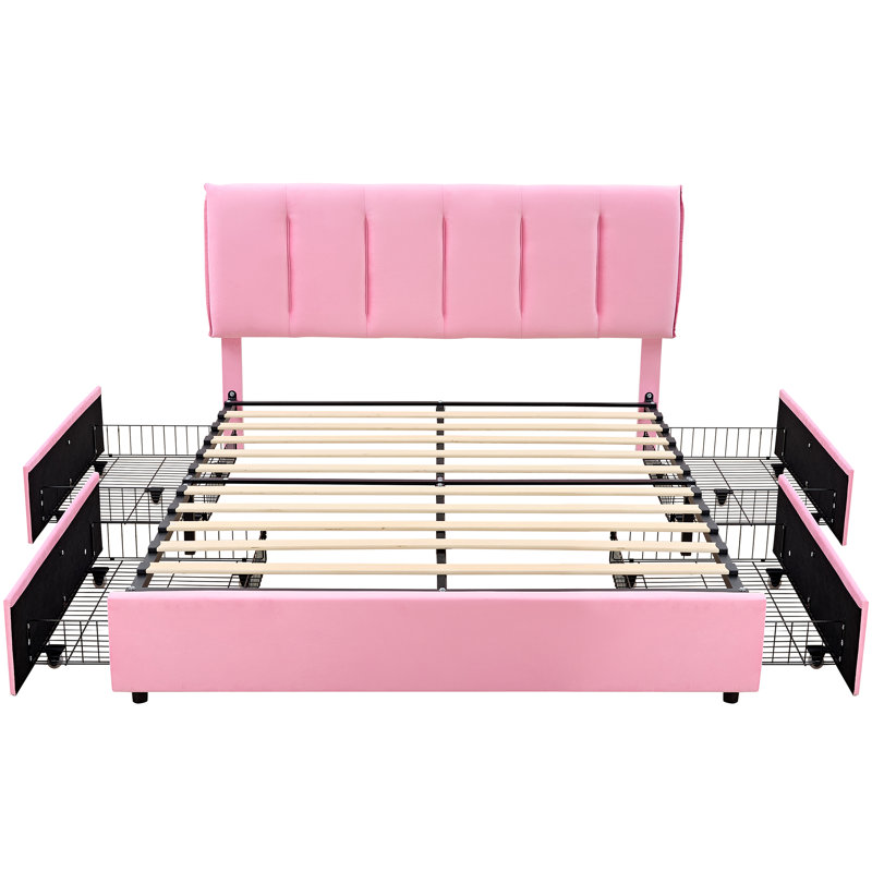 Orwhin Bed Frame 4 Drawers Storage, Upholstered Bed Frame with Velvet Adjustable Headboard Queen Full King Size Platform Bed Wood Support