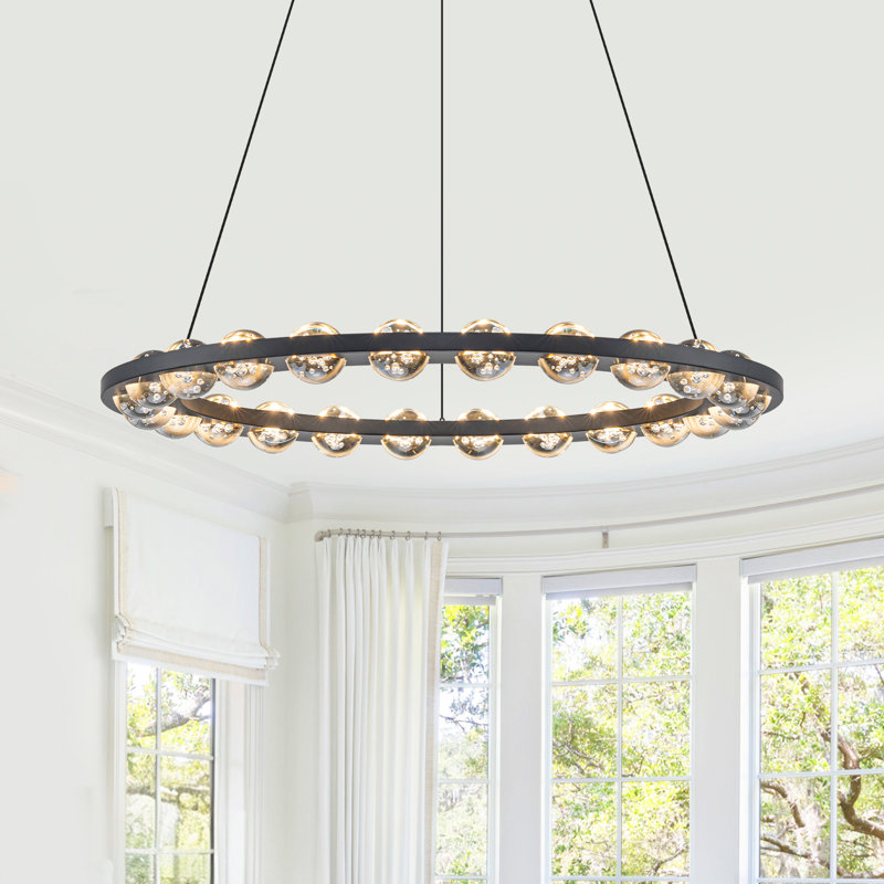 Lustre moderne à roulettes - Anneau en métal noir 24 lumières avec globes en verre bullé, plafonnier à DEL à intensité variable de 23,6 po pour îlot de cuisine