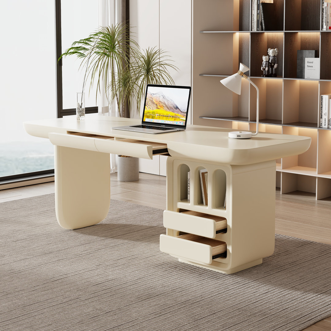 70.87" Beige Writing Desk, with 4 Drawers, Retangular Shaped, Round edges for Meeting Room Latitude Run®
