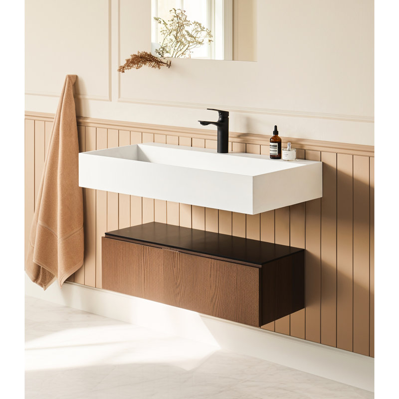 Lavabo à fixation murale 30 po x 18 po à surface solide blanc mat et élément de salle de bain contemporain au design moderne et spacieux
