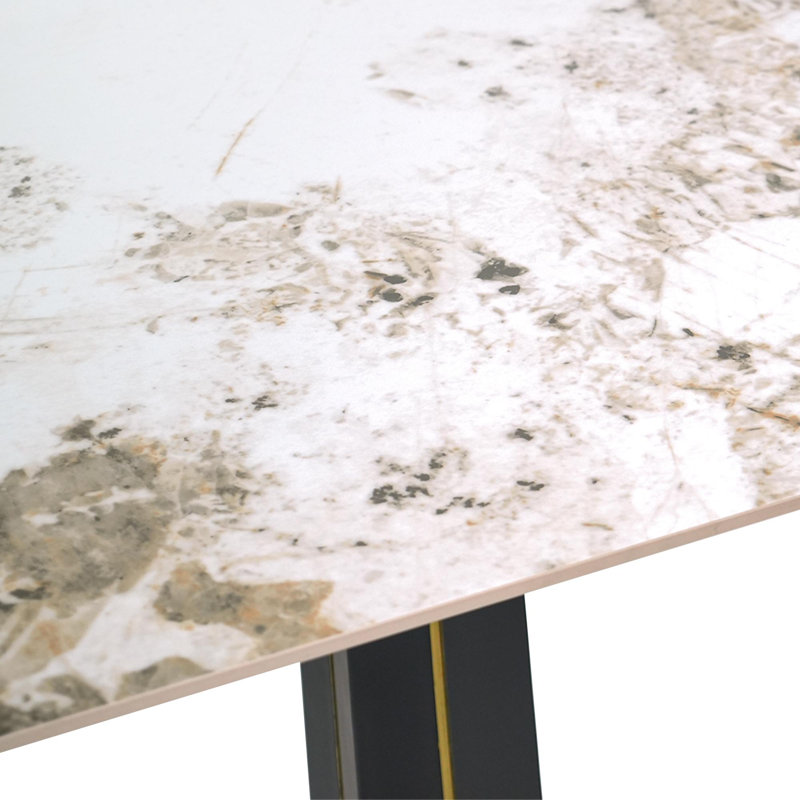 Table de négocier moderne carrée - plateau en pierre frittée blanche de 85 cm, pieds en bois noir avec base en métal doré