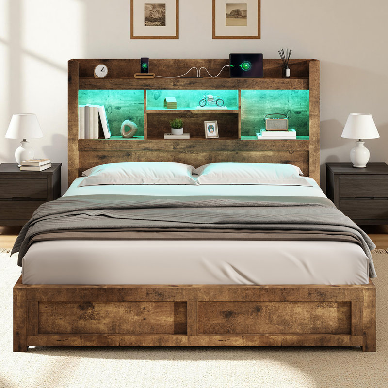 Sherell Full Size Bed Frame with 4 Storage Drawers,Brown, Full / Double, Brown